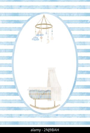 Modèle avec berceau pour bébé et mobile suspendu pour douche pour nouveau-né. Illustration aquarelle dessinée à la main avec berceau enfant dans des couleurs pastel bleues pour cartes de vœux ou invitations sur fond isolé. Banque D'Images