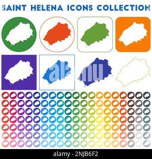 Collection d'icônes de Sainte-Hélène. Icônes de carte branchées colorées et lumineuses. Badge moderne de Sainte-Hélène avec carte de l'île. Illustration vectorielle. Illustration de Vecteur