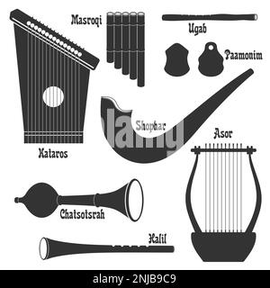 Ensemble vectoriel de silhouettes. Série 'instruments de musique dans la Bible'. Illustration de Vecteur