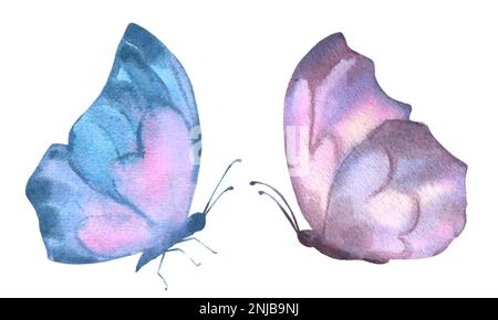 Un ensemble de jolis papillons bleus et lilas. L'illustration aquarelle a isolé des objets sur un fond blanc. Pour la décoration, le design romantique, Banque D'Images