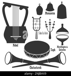 Ensemble vectoriel de silhouettes. Série 'instruments de musique dans la Bible'. Illustration de Vecteur