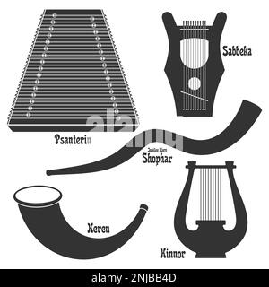 Ensemble vectoriel de silhouettes. Série 'instruments de musique dans la Bible'. Illustration de Vecteur