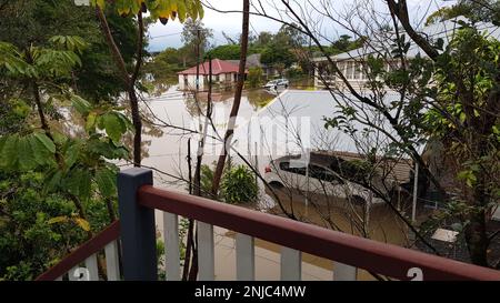 Brisbane, Australie - 28 février 2022 : vue depuis la maison inondée. La route, les voitures et les maisons ont été inondées après la forte pluie dans la banlieue de Rocklea Banque D'Images