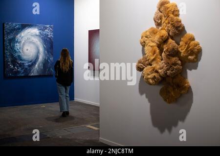 Madrid, Espagne. 22nd févr. 2023. Une femme observe des œuvres d'art, pendant le premier jour de l'ARCO, la Foire internationale d'art contemporain d'Espagne qui célèbre son édition de 42nd. Il restera jusqu'à dimanche, 26 février et un total de 211 galeries de 36 pays participent. Crédit : SOPA Images Limited/Alamy Live News Banque D'Images