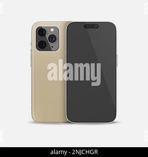 Étui pour smartphone Vector 3D Realistic Golden. Modèle de conception de téléphone pour maquette. Téléphone, face avant et face arrière, vue avant Illustration de Vecteur