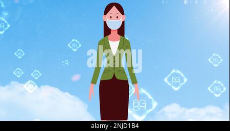 Image d'une femme d'affaires portant une icône de masque et plusieurs bannières de texte de 6g contre le ciel bleu Banque D'Images