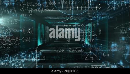 Image d'équations mathématiques et d'écrans numériques sur fond noir Banque D'Images