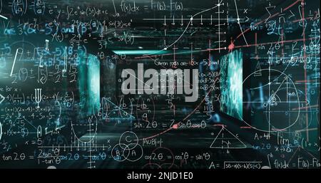 Image d'équations mathématiques et d'écrans numériques sur fond noir Banque D'Images