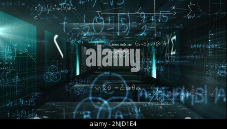 Image d'équations mathématiques et d'écrans numériques sur fond noir Banque D'Images