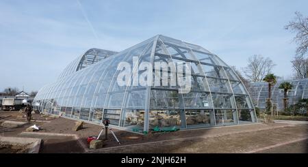 Cologne, Allemagne 22 février 2023: Travaux sur la nouvelle construction des serres du salon dans le jardin botanique de Cologne Banque D'Images