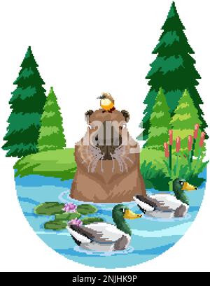 Capybara dans l'étang de la nature avec l'illustration des canards Illustration de Vecteur