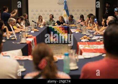 Buenos Aires, Argentine. 22nd février 2023. Le député national Alejandro Vilca et le législateur de la ville de Buenos Aires Alejandrina Barry, tous deux de PTS-Frente de Izquierda, après leur voyage au Pérou en tant que membres des commissions des droits de l'homme du Congrès et de la Législature, Présenté en audience publie un rapport sur les violations des droits de l'homme au Pérou. Les députés nationaux Myriam Bregman, Nicolás del Caño du PTS et les Péruviens autoconvoqués à Buenos Aires étaient présents à l'audience publique. (Crédit : Esteban Osorio/Alay Live News) Banque D'Images