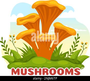 Champignons Illustration avec différents champignons, herbe et insectes pour bannière Web ou page d'arrivée dans des modèles dessinés à la main de dessin de dessin animé Illustration de Vecteur