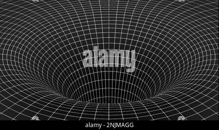 Tunnel de trou de symbole en mode filaire blanc sur fond noir dans le vecteur. 3d portail abstrait avec ligne géométrique. Illustration du maillage géométrique pour la présentation de la technologie. Définir le schéma de réseau. Illustration de Vecteur