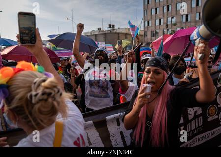 Lima, Pérou. 23rd févr. 2023. Les manifestants scandent des slogans devant le département d'enquête criminelle (DININCRI) pendant la manifestation. Alors que le pays traverse une crise sociale, les attaques transphobes ne cessent pas. À ce jour, au moins sept femmes trans ont été assassinées au Pérou. Les organisations et les collectifs ont appelé à une marche à Lima et dans plusieurs régions afin d'exiger la rapidité des enquêtes et la justice pour les victimes. Crédit : SOPA Images Limited/Alamy Live News Banque D'Images