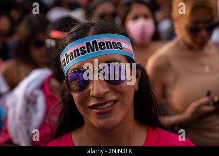 Lima, Pérou. 23rd févr. 2023. Un manifestant porte un bandeau qui indique « pas un seul trans sans » pendant la démonstration. Alors que le pays traverse une crise sociale, les attaques transphobes ne cessent pas. À ce jour, au moins sept femmes trans ont été assassinées au Pérou. Les organisations et les collectifs ont appelé à une marche à Lima et dans plusieurs régions afin d'exiger la rapidité des enquêtes et la justice pour les victimes. Crédit : SOPA Images Limited/Alamy Live News Banque D'Images