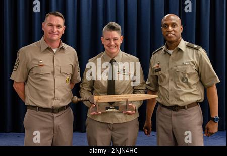 De L à R) États-Unis Commandant de l’Armée de terre, Sgt. Jason Peterson, commandant du bataillon de recrutement de Chicago, commandant du sergent-major; États-Unis Sergent de l'armée 1st classe Renee Barton, politique NCOIC, J-3/5/7; et États-Unis Le lieutenant-colonel Shane Doolan de l'armée. Commandant du bataillon de recrutement de Chicago, posez pour une photo lors d'une cérémonie de remise des prix à USMEPCOM, le 9 août. Banque D'Images