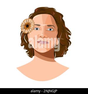 Portrait vectoriel de la femme avec gerbera Marguerite dans ses cheveux en technique plate Illustration de Vecteur