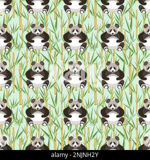 Motif floral animé sans couture avec pandas et feuilles de bambou dans une illustration vectorielle technique plate Illustration de Vecteur