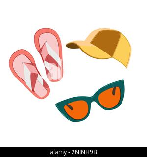 Accessoires d'été chapeau, lunettes de soleil, et sandales en technique plate illustration vectorielle Illustration de Vecteur