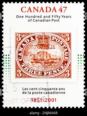 MOSCOU, RUSSIE - le 15 FÉVRIER 2023 : le timbre-poste imprimé au Canada montre le 150th anniversaire de la poste canadienne, 1851-2001, série, vers 2001 Banque D'Images