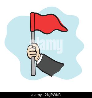 gros plan main d'homme d'affaires tenant drapeau rouge illustration vecteur dessiné à la main isolé sur fond blanc dessin de ligne art. Illustration de Vecteur