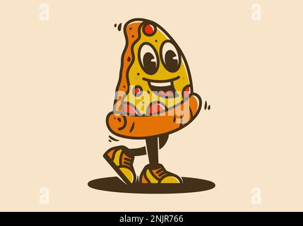 Motif mascotte représentant une pizza de marche avec Happy face Illustration de Vecteur