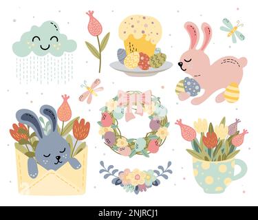 ensemble d'illustrations vectorielles mignonnes avec éléments de pâques traditionnels Illustration de Vecteur