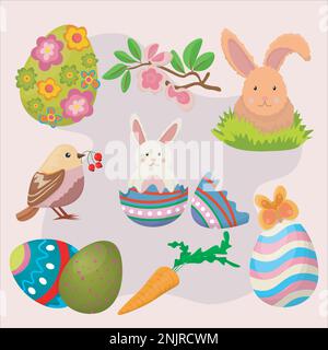 ensemble de vacances joyeuses pâques avec des éléments d'oeufs, des lapins amusants, des oiseaux, des fleurs et des carottes Illustration de Vecteur