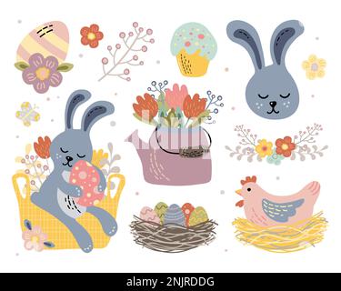 un ensemble d'illustrations vectorielles mignonnes sur le thème du lapin de pâques sur un panier de fleurs de poule et d'oeufs colorés Illustration de Vecteur