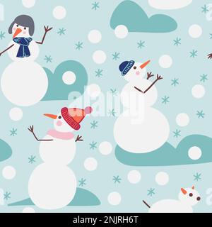 Motif sans couture dessiné à la main avec des bonhommes de neige jouant des boules de neige dans la neige d'hiver sur fond bleu. Mignon drôle noël décor nouvel an imprimé pour le papier d'emballage textile, dessin animé neige jouets pour chiens dans chapeau de cramoisi chapeau, joyeux fête art Banque D'Images