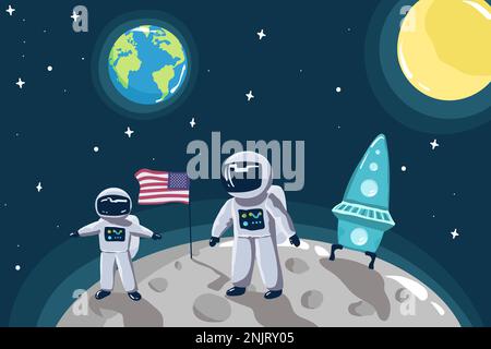 Mignon petit astronaute stand sur la lune avec drapeau des Etats-Unis.Mission spatiale.illustration vecteur enfantin, Illustration de Vecteur