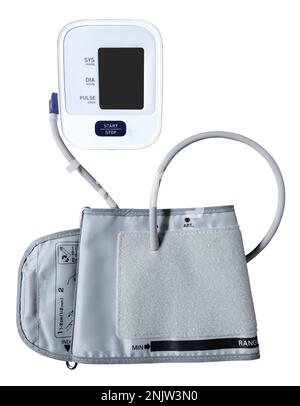 Moniteur de pression artérielle numérique, tonomètre isolé sur fond blanc, masque Banque D'Images