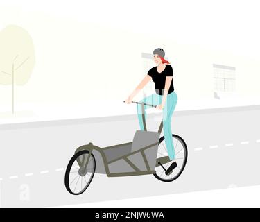 Femme sportive à vélo de cargaison vide sur la route de la ville. Composition des Bakfiets. Illustration de Vecteur