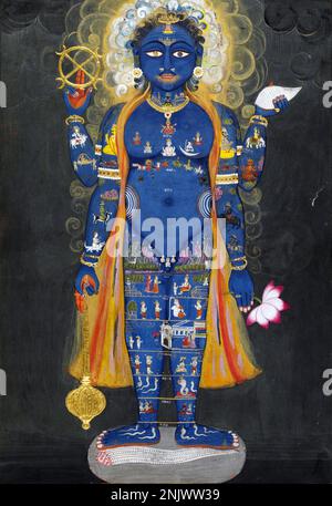 Inde: Vishnu comme Vishvarupa. Aquarelle, Jaipur, Rajasthan, c. 1800-1820. Vishnu (Sanskrit विष्णु Viṣṇu) est le Dieu suprême dans la tradition vaishnavite de l'hindouisme. Les disciples de Smarta d'Adi Shankara, entre autres, vénèrent Vishnu comme l'une des cinq formes primaires de Dieu. Vishnu comme l'homme cosmique (Vishvarupa) est représenté ici avec quatre bras, chacun tenant un de ses attributs: Une coquille de conch, une fleur de lotus, un mace et sa baguette circulaire, appelé Sudarshana chakra (signifiant «beau disque»). Les petites figures de tout son corps se réfèrent à son rôle comme l'homme universel qui englobe tout. Banque D'Images