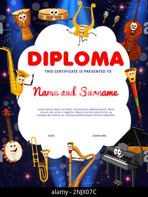 Diplôme pour enfants avec personnages d'instruments de musique de dessin animé. Certificat de vecteur scolaire de musique avec piano à queue mignon, saxophone et tambour de jembe. Contrebasse, banjo, harpe, corne et maracas Illustration de Vecteur