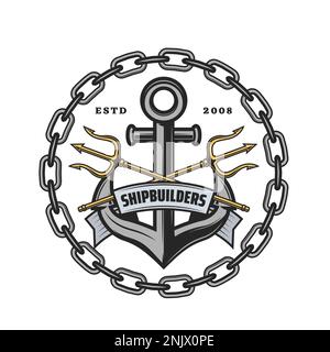 Icône héraldique des constructeurs de navires avec ancre et tridents dans la chaîne de navires, emblème de vecteur nautique. Badge heraldry du club de voile, de navigation ou de navigation de plaisance avec tridents dorées croisées et ancre pour le sport de régate Illustration de Vecteur