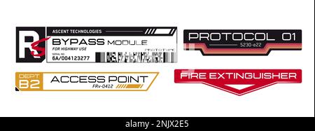 Autocollant « cyber-punk ». Autocollant vectoriel, étiquette de style futuriste. Signes, inscriptions et symboles SCI fi. Illustration de Vecteur