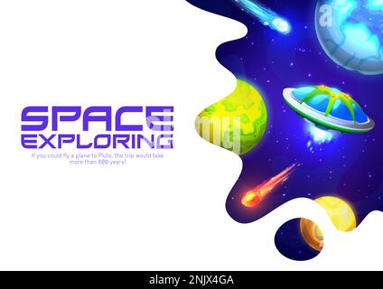 OVNI dans l'univers galactique. Espace espace de la page de renvoi. Le vecteur interstellaire Voyage fond avec des envahisseurs extraterrestres étrangers voler sur la soucoupe explorant des planètes dans cosmos avec astéroïdes, étoiles et comètes Illustration de Vecteur