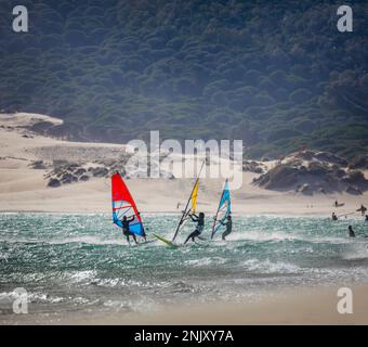 Tarifa, Costa de la Luz, Province de Cadiz, Andalousie, Espagne du sud. La planche à voile. Dunes de sable de Punta Paloma en arrière-plan. Banque D'Images