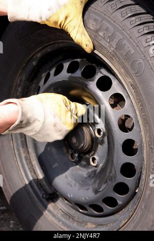 changement de pneu, jeune homme change les pneus sommer en pneus d'hiver, image de série 7/13 Banque D'Images