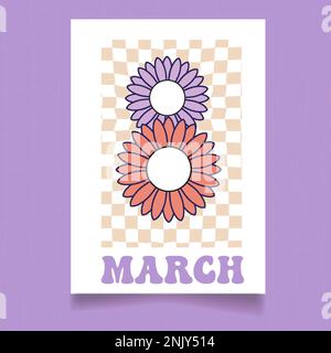Arrière-plan Fleur Power rétro des années 70 avec fleurs hippie. Félicitations pour la journée internationale des femmes. 8th mars. Fête des mères. Illustration colorée dans Illustration de Vecteur