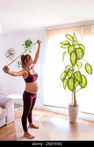 Corps complet de la femme enceinte concentrée pieds nus en vêtements d'activité faisant de l'exercice avec le bracelet de fitness pendant l'entraînement à la maison Banque D'Images