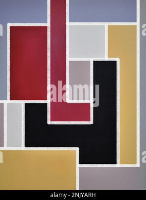 Toile de fond abstraite composée de différentes tailles de figurines géométriques multicolores séparées par des lignes blanches Banque D'Images