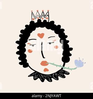Image vectorielle portrait d'une reine arrogante avec cœur rouge sur le front et fleur bleue en fleur dans la bouche portant la couronne sur fond rose Banque D'Images