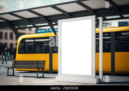 Station de tram avec affiche blanche pour la publicité, maquette Banque D'Images