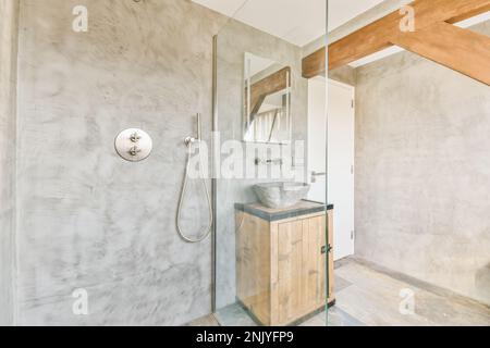 Décoration intérieure de la salle de bains avec cabine de douche en verre près d'un lavabo en bois avec lavabo et miroir contre les murs gris près de la porte blanche Banque D'Images