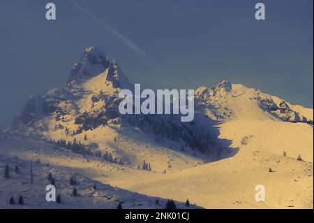 Brume et soleil d'hiver dans les montagnes Ciucas, Roumanie Banque D'Images