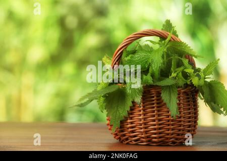 Ortie fraîche dans un panier en osier sur une table en bois à l'extérieur, espace pour le texte Banque D'Images