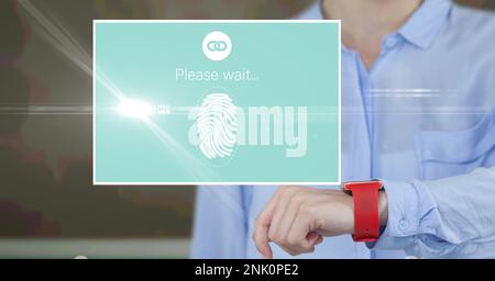Composition de l'écran avec empreinte biométrique par rapport à l'homme d'affaires avec montre intelligente. concept global d'identité en ligne et d'interface numérique gene numériquement Banque D'Images